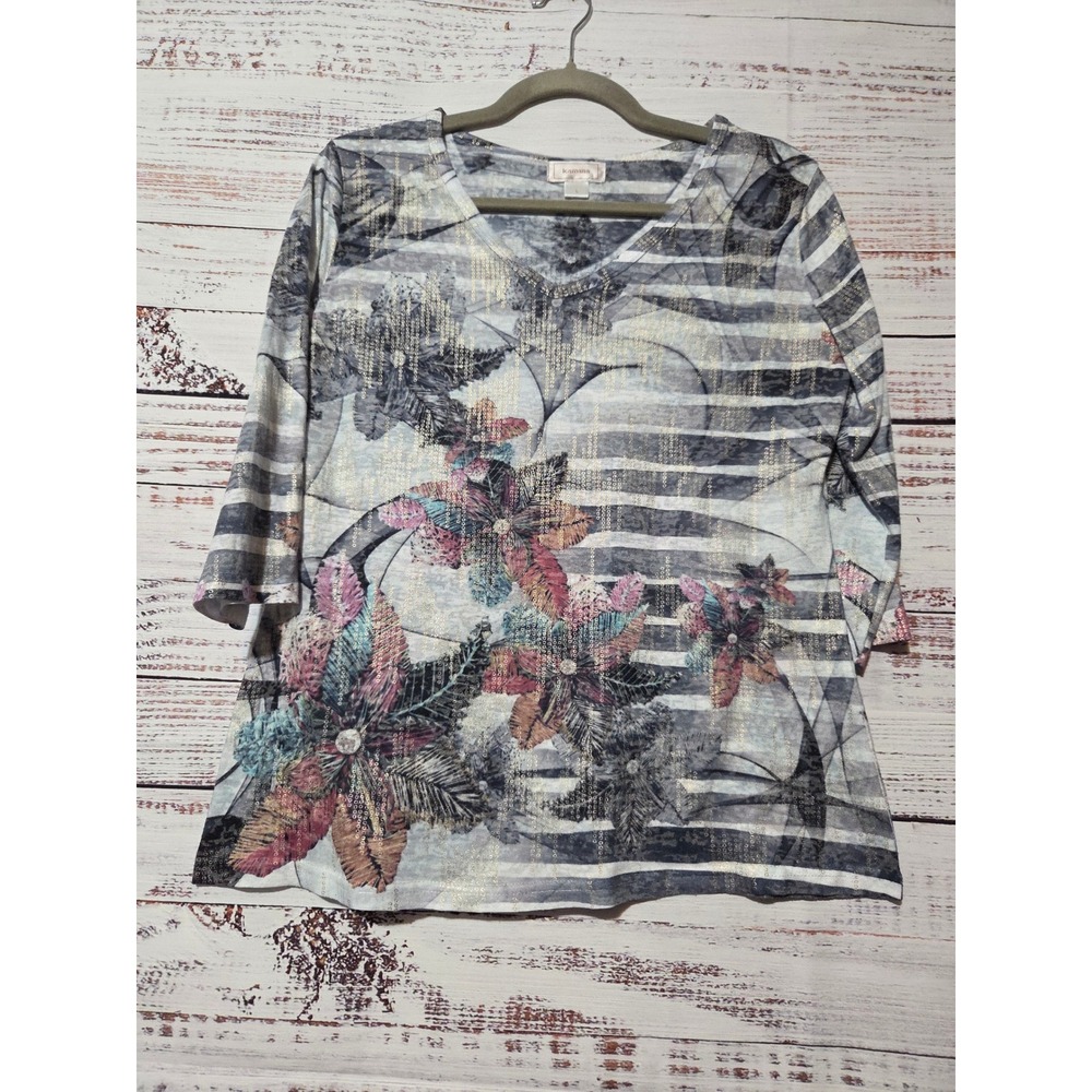 Kamana Womens Floral Stripe V-Neck Top Gray Pink Gold Foil 3/4 Sleeve Large